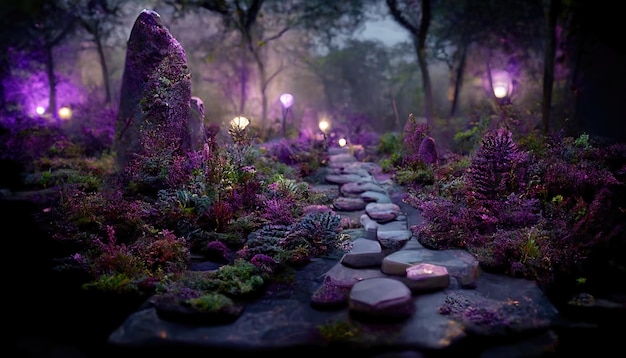 Un paysage forestier avec des arbres et des buissons lumineux la nuit