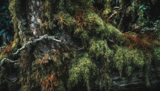 Paysage forestier d'automne troncs d'arbres vieux feuilles jaunes scène tranquille générée par l'intelligence artificielle