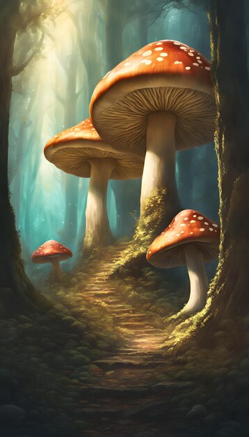 Paysage forestier de champignons géants Fantasy Wallpaper