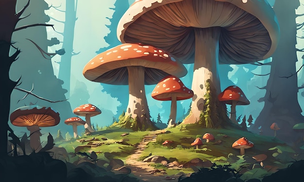 Paysage forestier de champignons géants Fantasy Wallpaper