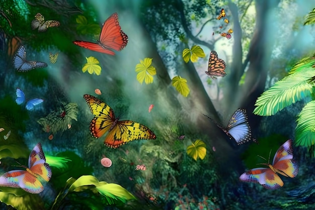 Paysage forestier de conte de fées avec de nombreux papillons volants Réseau de neurones généré par l'IA