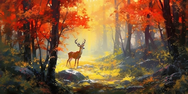 Un paysage forestier enchanteur au coeur de l'automne où paissent les cerfs et s'harmonise avec la nature Aquarelle Generative ai