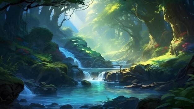 Paysage forestier enchanteur avec une cascade majestueuse en cascade à travers une verdure luxuriante AI générative