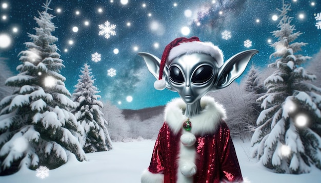 Paysage forestier enneigé un extraterrestre argenté avec des oreilles allongées vêtu d'un costume de Noël