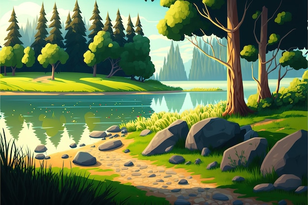 Photo paysage forestier d'été avec lac sur clairière et illustration 3d du chemin