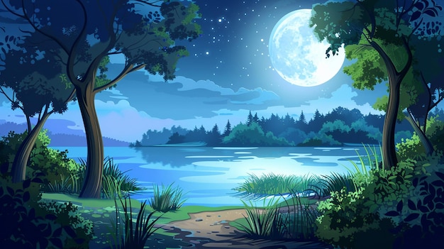 Paysage forestier d'été avec un lac et un sentier au clair de lune Illustration de dessin animé vectoriel d'une scène naturelle nocturne avec un étang sur une clairière, de l'herbe, des arbres et des buissons sur le rivage.