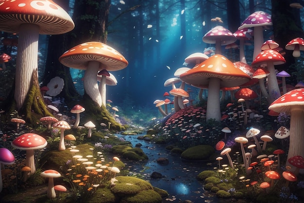 Un paysage forestier fantastique avec des champignons et des fleurs.