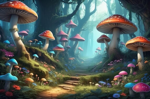 Un paysage forestier fantastique avec des champignons et des fleurs