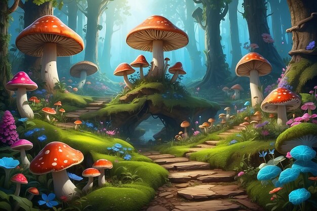 Un paysage forestier fantastique avec des champignons et des fleurs.