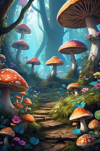 Un paysage forestier fantastique avec des champignons et des fleurs