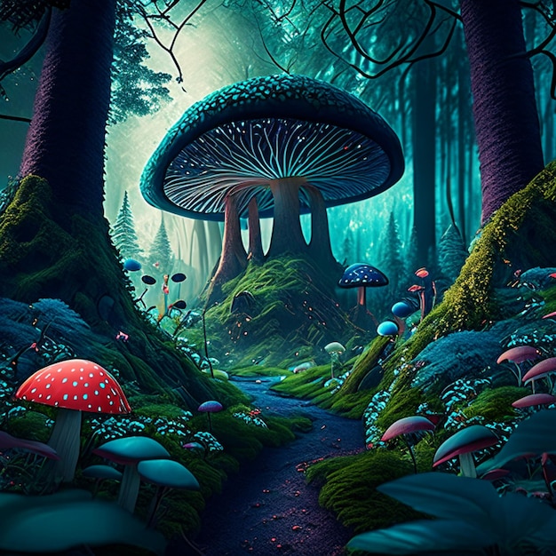 Un paysage forestier fantastique avec des champignons et des fleurs