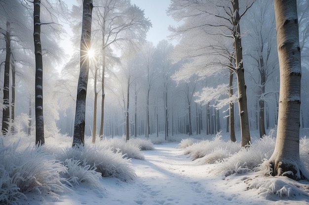 Paysage forestier de glace d'hiver avec des arbres couverts de neige