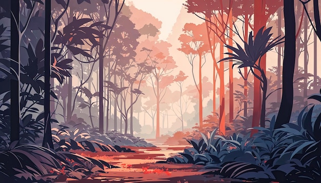 Paysage forestier avec marais et plantes tropicales Illustration vectorielle dans le style de dessin animé