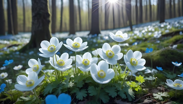 Paysage forestier de printemps avec des primevères en fleurs à la lumière du soleil dans la nature 5