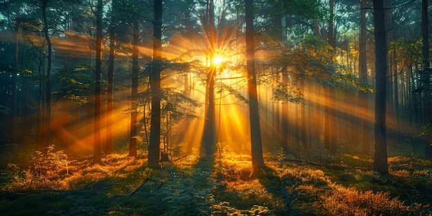 Paysage forestier avec des rayons de soleil qui perçoivent le feuillage