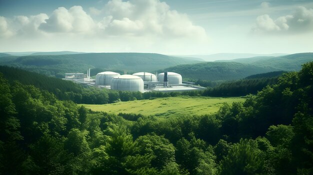 Paysage forestier avec une usine de biogas