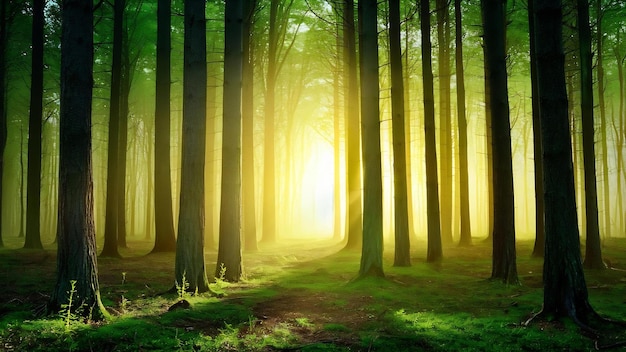 Le paysage forestier vert au lever du soleil