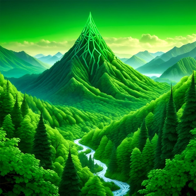 Paysage forestier vert vectoriel avec montagne