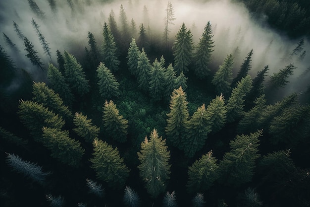 Paysage forestier vue d'en haut forêt brumeuse