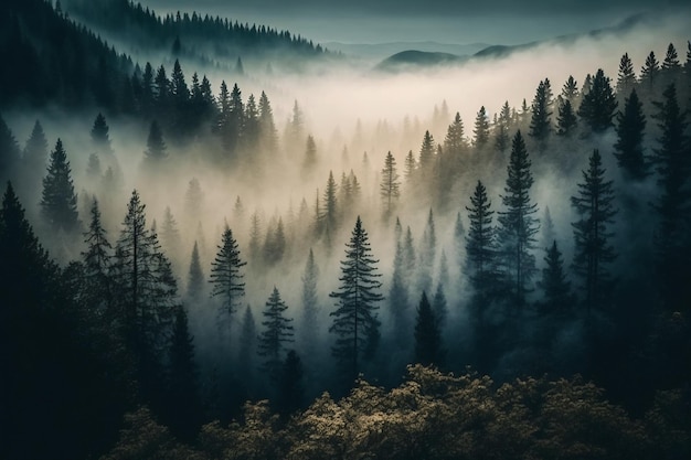 Paysage forestier vue d'en haut, forêt brumeuse