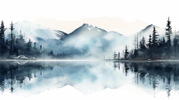 Paysage de forêt aquarelle serein avec montagnes et lac
