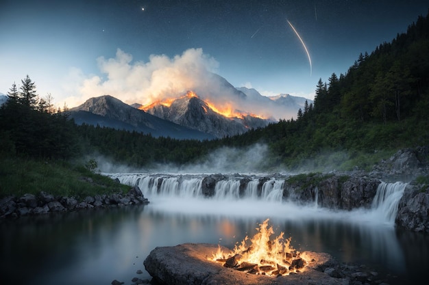 Paysage d'une forêt brûlante avec une rivière la nuit