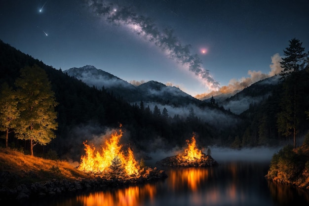 Paysage d'une forêt brûlante avec une rivière la nuit
