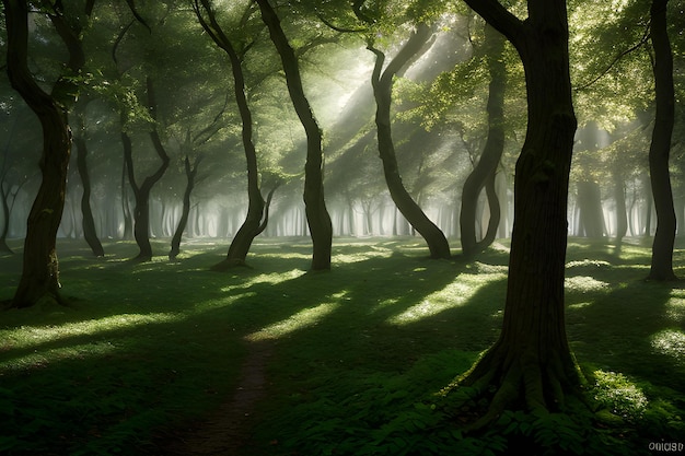 Un paysage d'une forêt enchantée où les arbres prennent vie et émettent une douce lueur éthérée