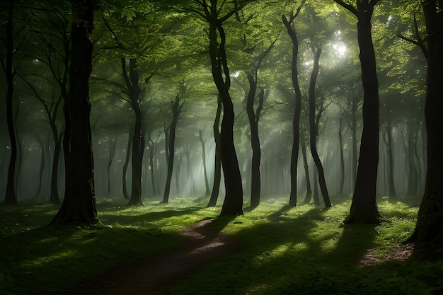 Un paysage d'une forêt enchantée où les arbres prennent vie et émettent une douce lueur éthérée