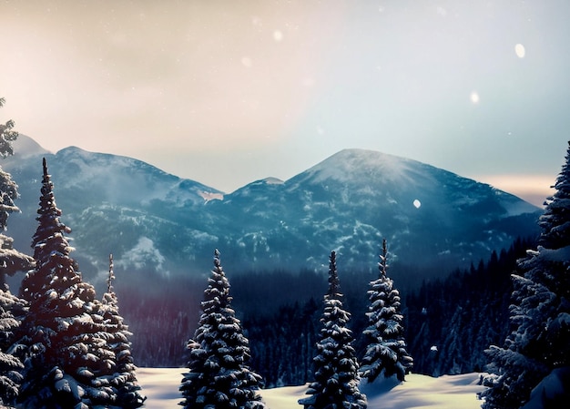 Photo paysage de forêt enneigée avec fond de montagne