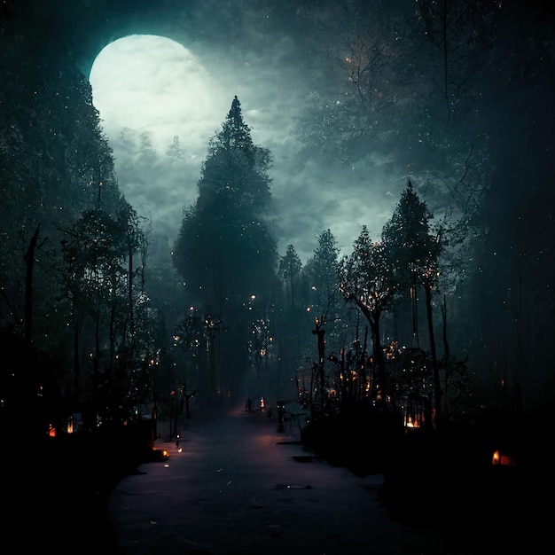 Paysage de forêt hantée réaliste la nuit Illustration 3D de fond de forêt d'Halloween fantastique