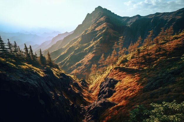 Paysage avec forêt de montagnes et ciel avec nuages créés à l'aide de la technologie générative ai