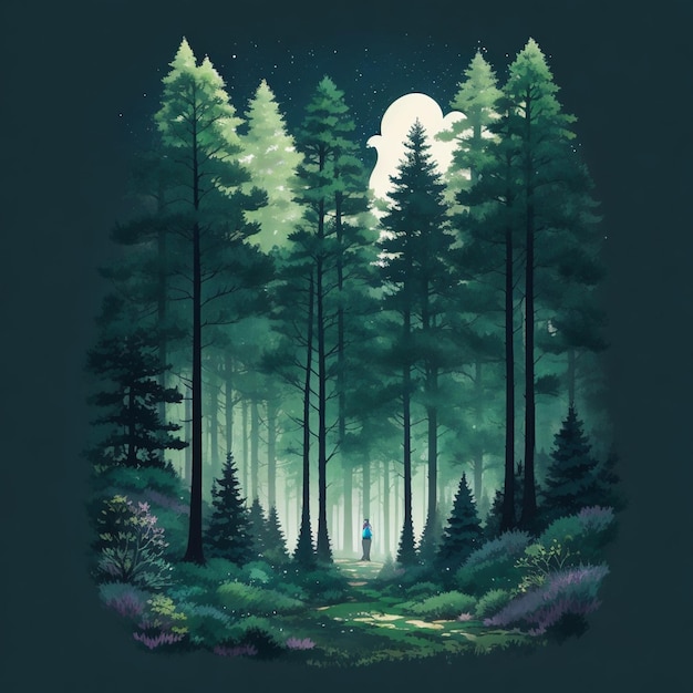 Un paysage de forêt de pins tshirt magique design couleurs vert pâle vibrant fond sombre sombre ma