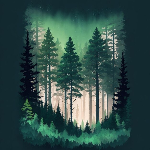 Un paysage de forêt de pins tshirt magique design couleurs vert pâle vibrant fond sombre sombre ma