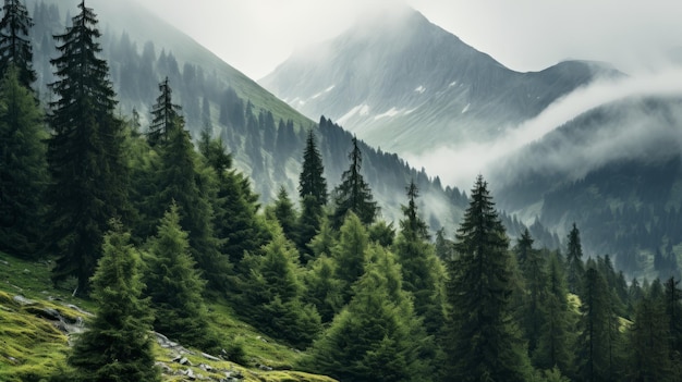 Le paysage de la forêt de pins verts dans les montagnes