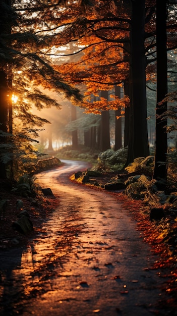 Paysage de la forêt avec des rayons de soleil générés par l'IA