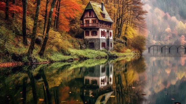 Paysage avec une forêt et une rivière en automne