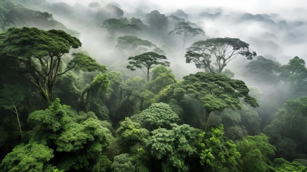 Paysage de forêt tropicale avec arbres et brouillard