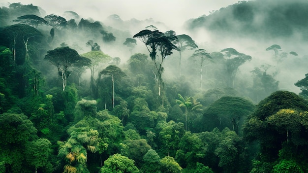 Photo paysage de forêt tropicale avec arbres et thème du brouillard conservation changement climatique et énergies renouvelables ai générative