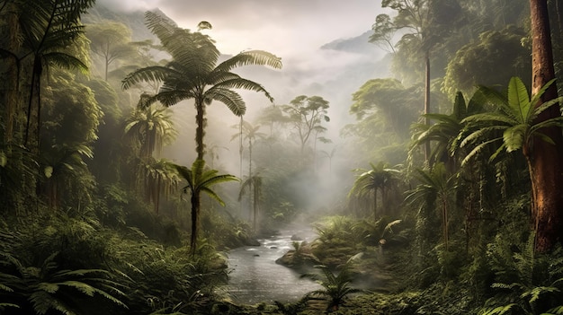 Le paysage de la forêt tropicale avec ses arbres et son brouillard