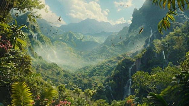 Photo paysage de forêt tropicale tropicale avec des oiseaux de chute d'eau et des palmiers paysage naturel