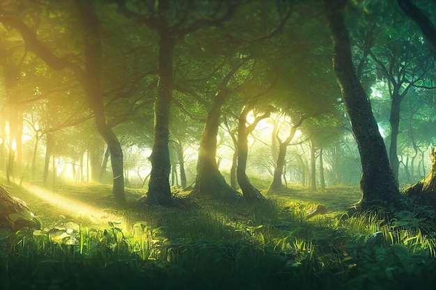 Photo paysage d'une forêt verte avec de grands arbres et de l'herbe verte dans une clairière avec de petites fleurs illustration 3d