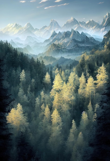Paysage de forêts et de montagnes généré par l'intelligence artificielle