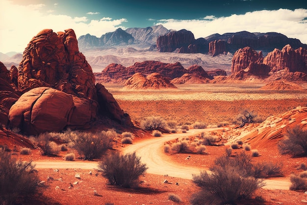 Paysage avec des formations rocheuses rouges et une vallée sèche du désert créée avec une IA générative