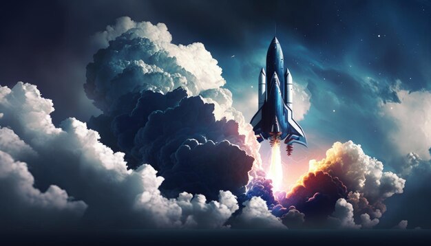 Paysage avec une fusée qui décolle au milieu de l'espace nuageux et de la nébuleuse en arrière-plan AI générative