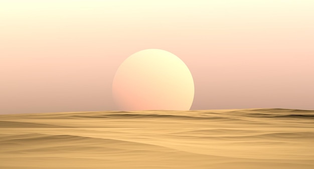 Paysage futuriste d'un désert de sable et d'une planète à l'horizon rendu 3D