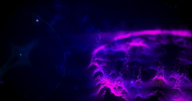 Paysage futuriste violet abstrait de particules et de points de magie énergétique avec lueur et flou