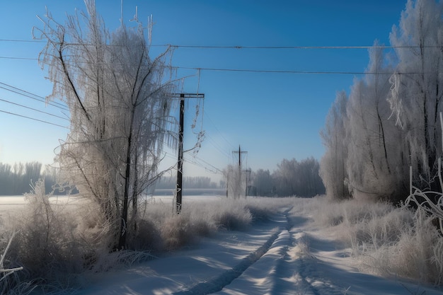 Paysage gelé avec des glaçons suspendus à des arbres et des lignes électriques créés avec l'IA générative