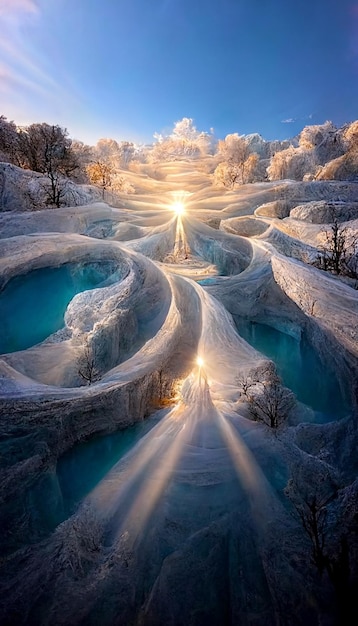 Un paysage gelé avec un soleil qui brille à travers la glace