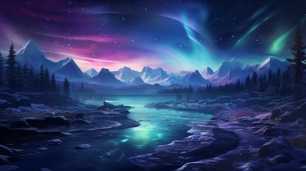 Paysage glacé avec aurore ciel nocturne magique avec zone de copie